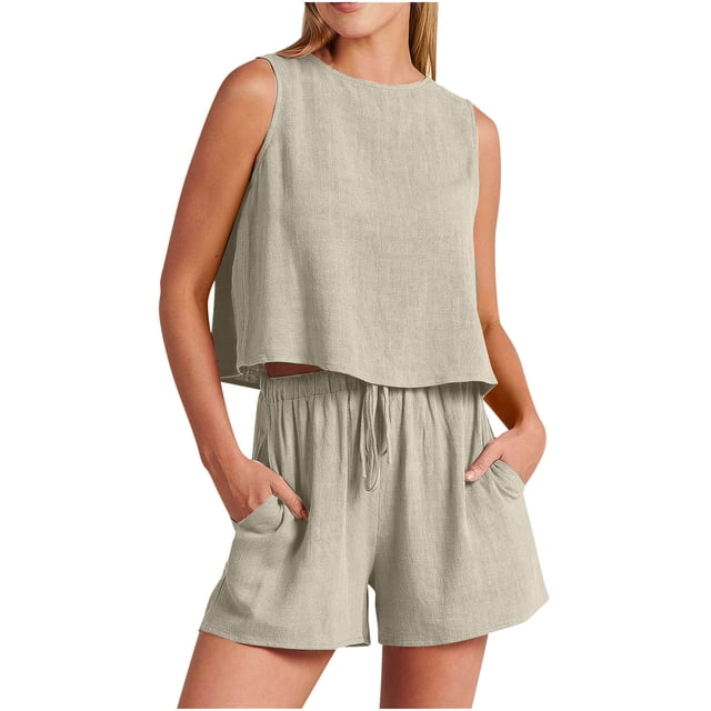 Birdeem Mode Femme Col Rond Blouse Sans Manches Ample Coton Lin Poches Pantalons Ensembles Chemises