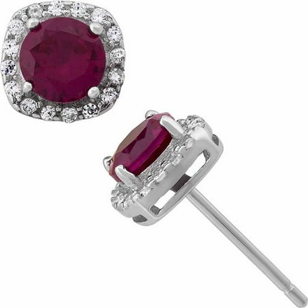 Created Ruby and White CZ Sterling Silver Round Halo 5mm Stud Earrings