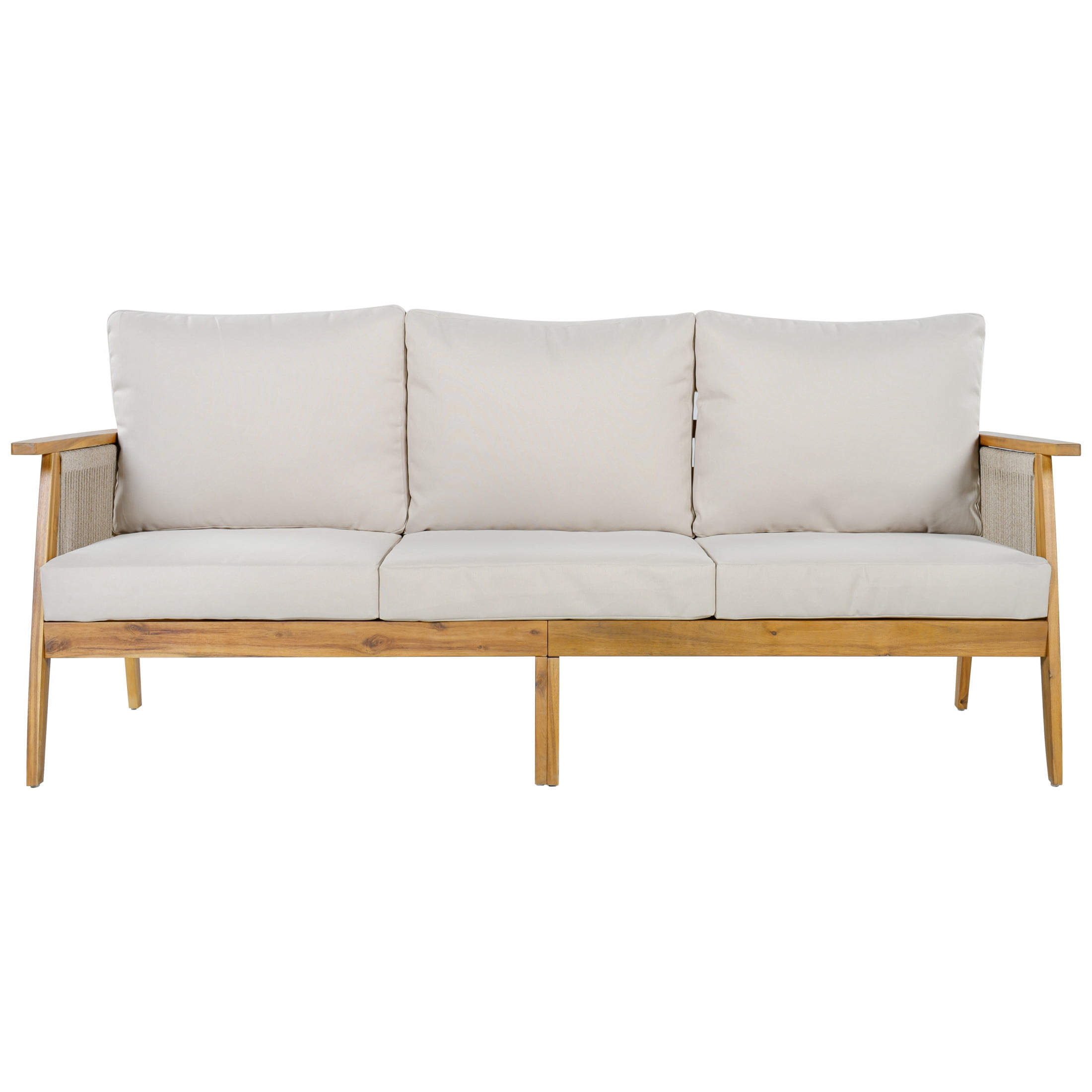 Christopher Knight Home Outdoor Acacia Wood 3-Seater Sofa, Rope Woven Frame with Cushions, Teak+Beige