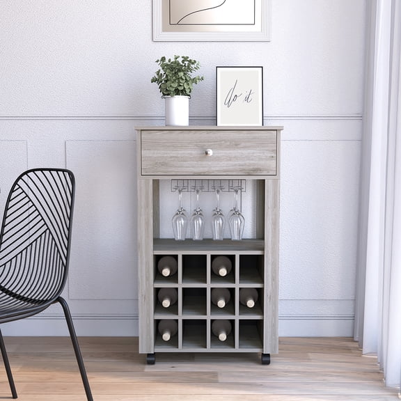 Contemporary Gray Bar Cart Drawer With Mobility Option Wine Shelf And