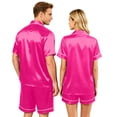 thumbnail image 4 of （Mens） Couple Matching Sets Silk Short Sleeve Button Down Sleepwear Satin Shorts Set Soft Loungewear Hot Pink L, 4 of 8