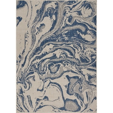 Laddha Home Designs 7.5' x 9.5' White and Blue Abstract Oasis Rectangular Outdoor Area Throw Rug