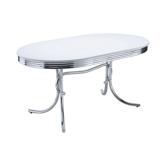 Loy 60 Inch Oval Dining Table, Glossy White Wood Top, Ribbed Chrome Apron
