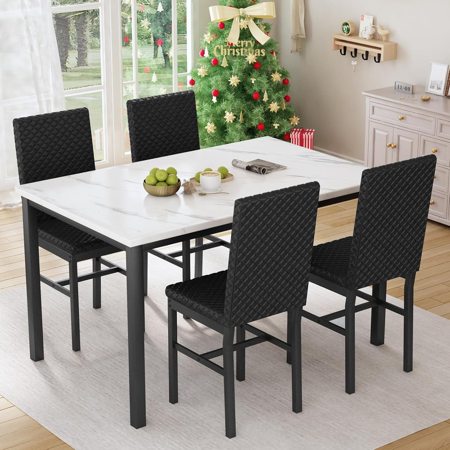Baxluxe Dining Table Set for 4, Modern 5 Piece Dining Table Set, Faux Marble Kitchen Table and 4 Velvet Upholstered Chairs for Apartments, Dining Rooms, Small Spaces, White/Black
