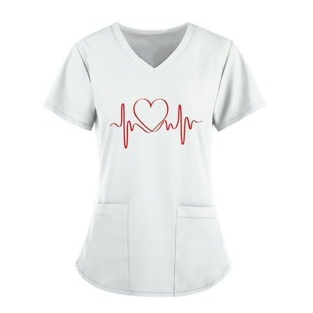 

Women Scrub_Top Working Uniform Blouse Short Sleeve V-Neck Workwear T-Shirt with Pocket Comfy Tops XXXL