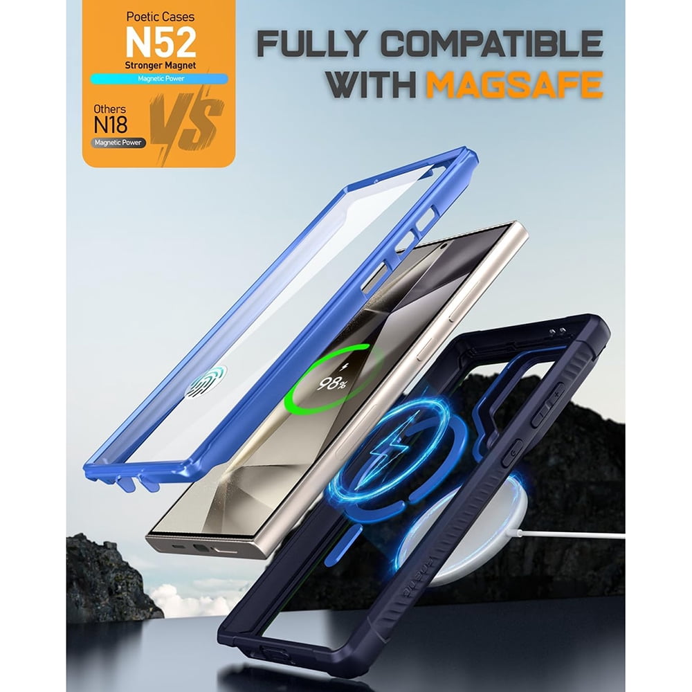 Poetic Guardian Case for Samsung Galaxy S24 Ultra 6.8", [Built-in Camera Stand] [Screen Protector Work with Fingerprint ID] Full Body Shockproof Protective Rugged Clear Cover, Blue/Clear