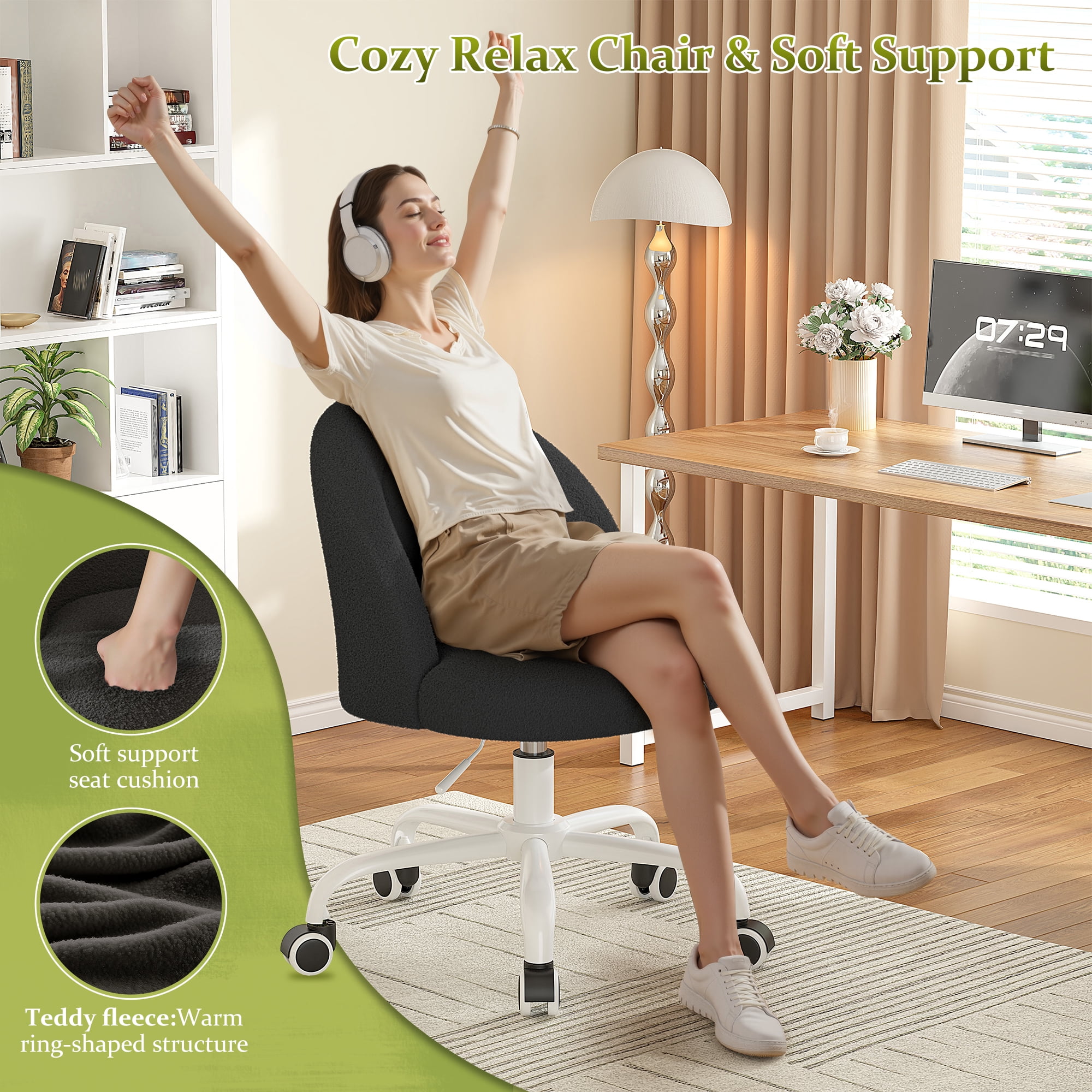 Romorgniz Vanity Chair Height Adjustable Desk Chair with Wheels, Armless Office Chair with Soft Lumbar Support for Small Space, Bedroom, Home office, Black