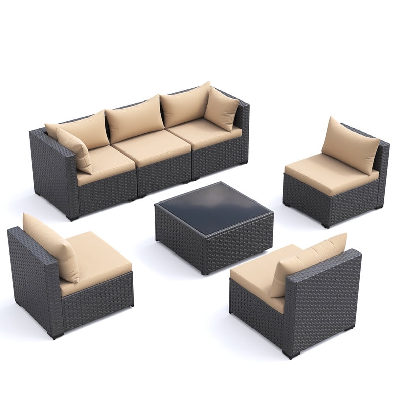 ELPOSUN 7 Pieces Patio Furniture Set, Outdoor Furniture Sectional Rattan Sofa with Patio Couch for Backyard Garden Khaki