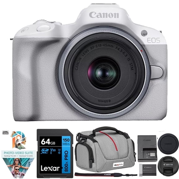 Canon R50 Mirrorless Camera with RF-S 18-45mm F4.5-6.3 IS STM Lens, White