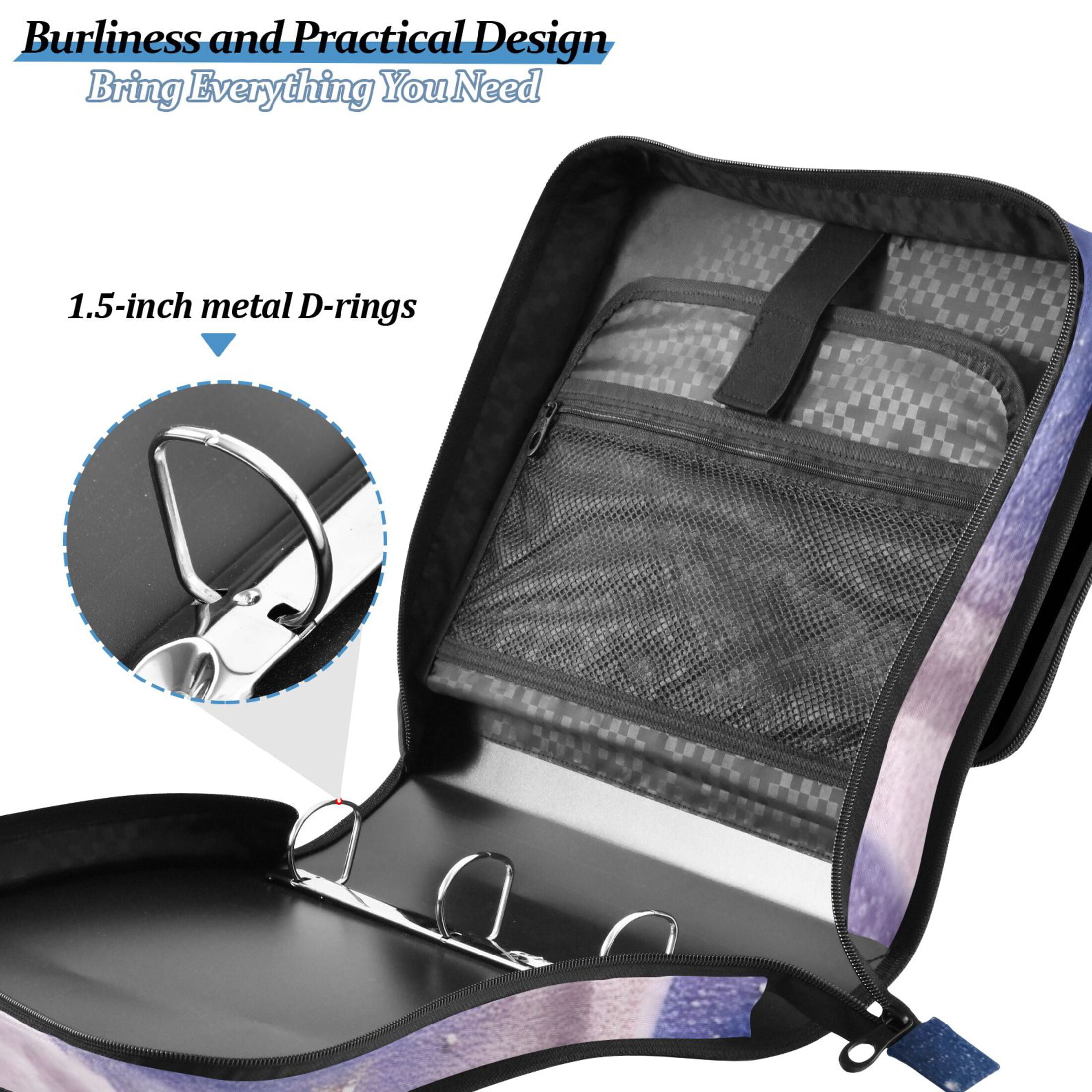 3 Ring Zipper Binder with Shoulder Strap Waterproof Trapper Keeper 2 Inch D-Ring 500 Sheets Capacity 3d Starry Sky