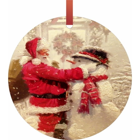 Making A Christmas Tree Santa Making a Snowman Flat Round - Shaped Christmas Holiday Hanging Tree Ornament Disc Made in the U.S.A. ()