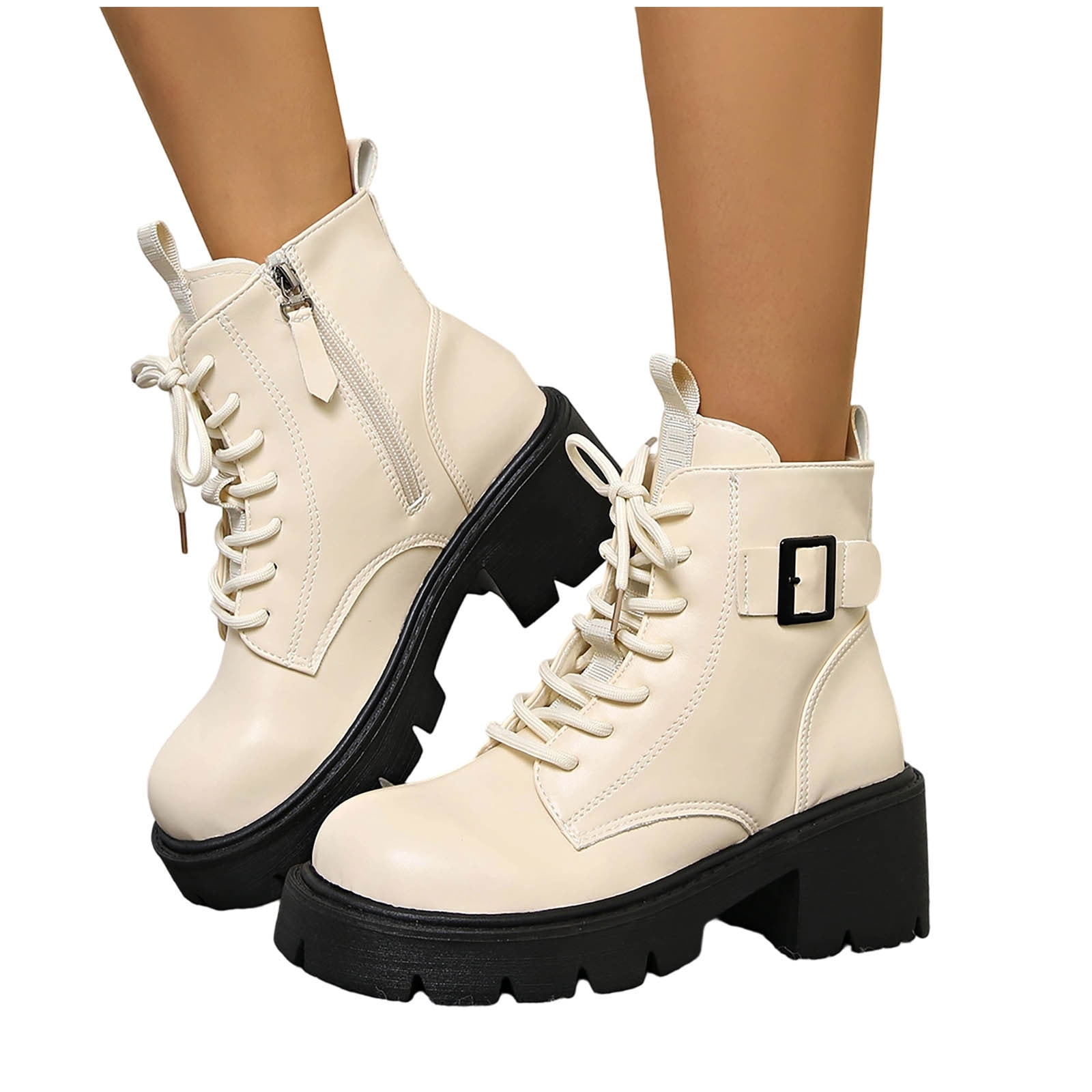 EETTARO Women's Chunky Heel Ankle Boots - Lug Sole, Lace-Up & Side Zip, Round Toe Anti-Slip Booties In Black, Brown, Camel, White PU