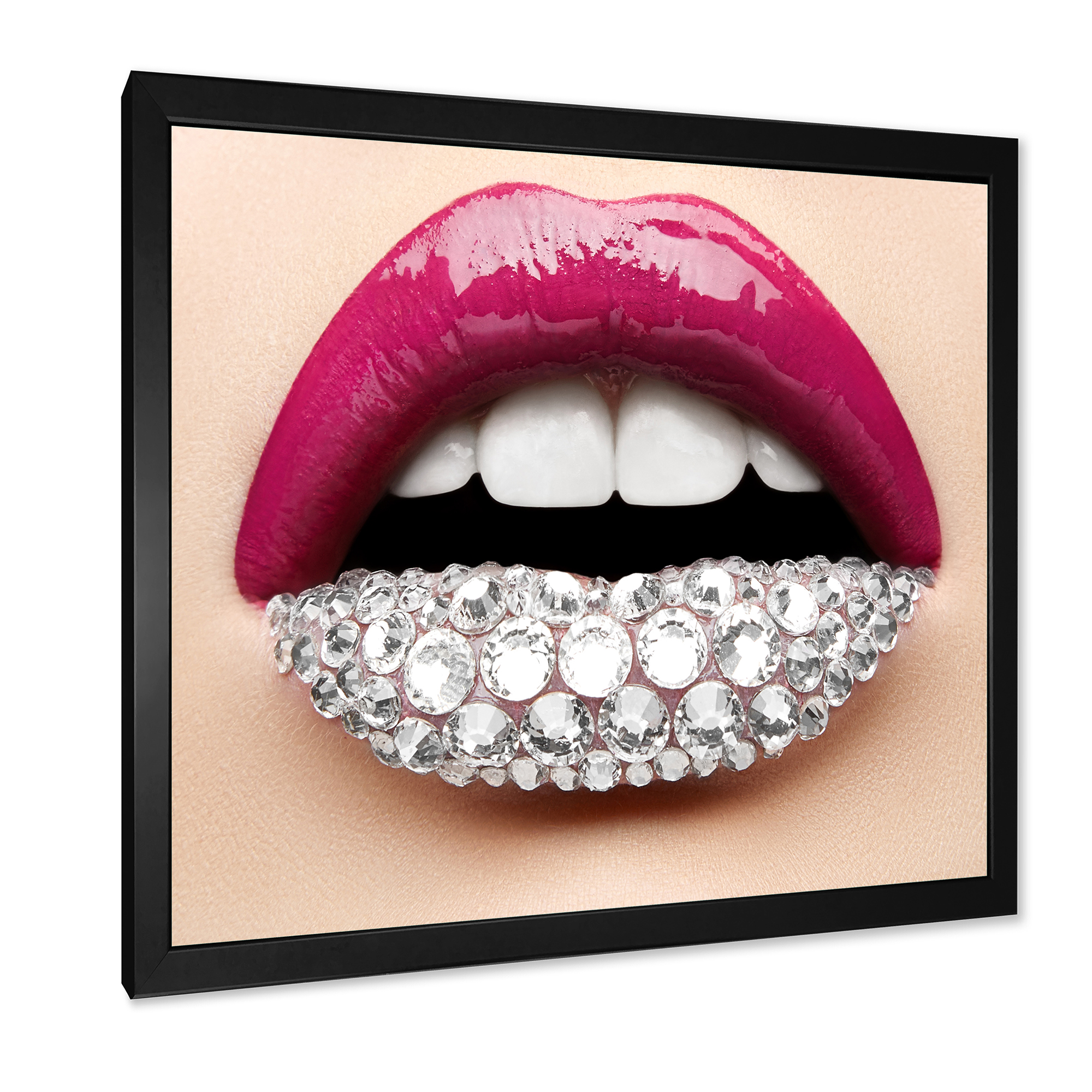 Designart 'Girl Lips With Pink Lipstick White Diamonds' Modern Framed Art Print
