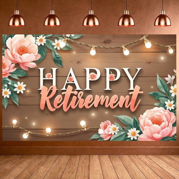 Pastel Floral Happy Retirement Banner Rustic Wooden Backdrop 3D Letter Display for Retirement Party Office Farewell Home Celebration
