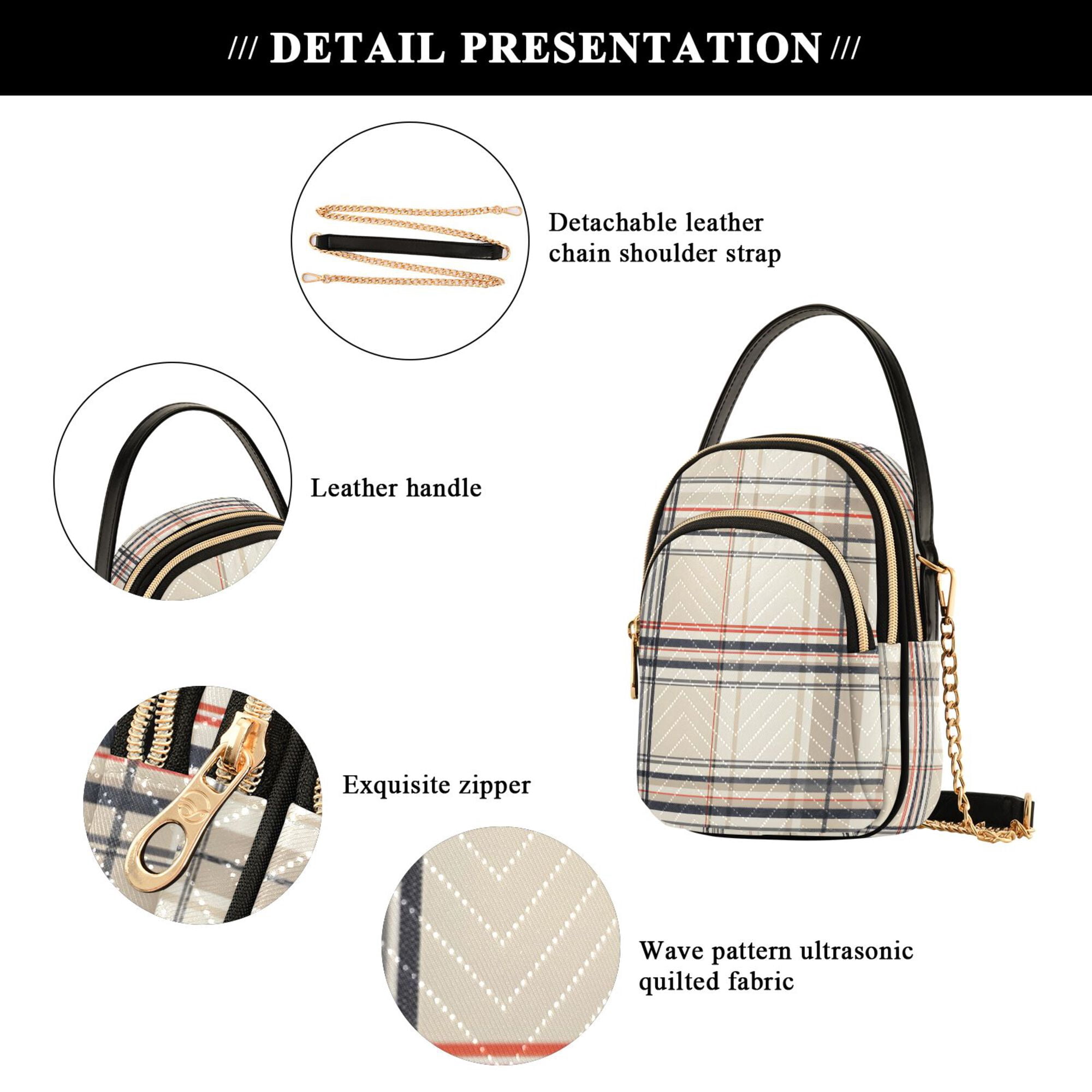 FORMRS Crossbody Bag for Women Quilted Travel Shoulder Cell Phone Purse with Chain Strap Handbag, Beige Plaid Pattern