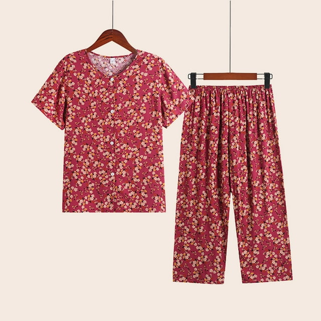Weiqiqre Pajama Set for Women Cotton Line Button Down Loungewear 2 Piece Short Sleeve Pants PJS Sets