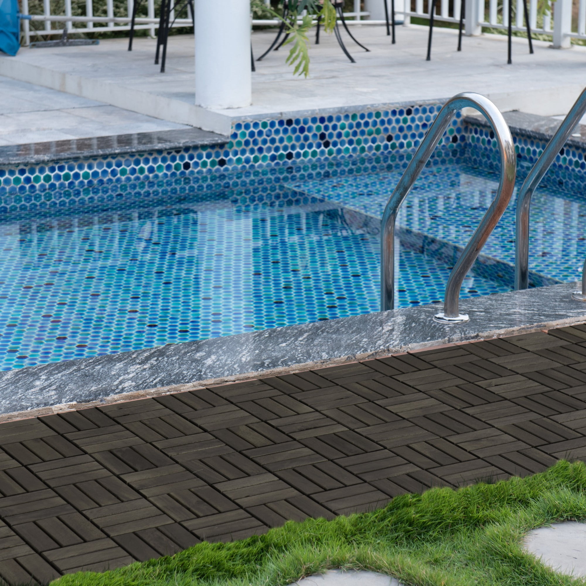 Miniyam 30 Pcs Interlocking Deck Tiles, 12" x 12", Acacia Wood, for Outdoor Balcony Garden, Dark Brown