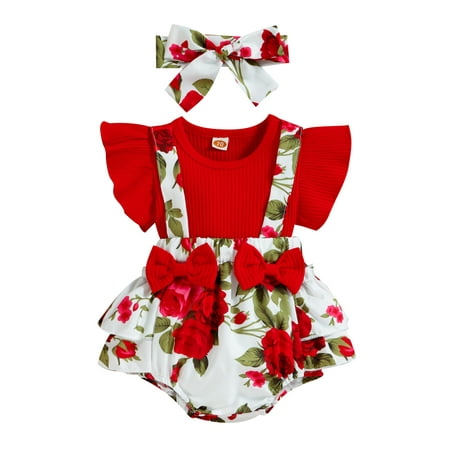 

Genuiskids Newborn Infant Baby Girls Outfits Set Fake 2Pcs Suspender Bowknot Patchwork Donut/Flower Printed Ruffle Triangle Romper with Headband 0-24M