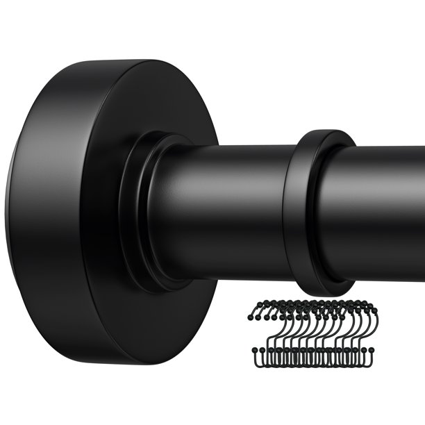 Matte Black Shower Rod with 12 Hooks,43''72'',Never Rust,Never Slip