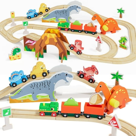 Train Set Wooden Train Set for Kids Train Toys for Toddlers Toy Train with Train Tracks Wooden Dinosaur Toys for Kids 2 3 4 5+ Years Old Great Gift for Boys Girls - Compatible with Other Brands