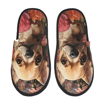 Balery Vintage Red Flower Chihuahua Slient Indoor Furry Fleece Comfort House Shoes Soft Non-Slip Home Shoes Cotton slippers House Slippers-- Medium