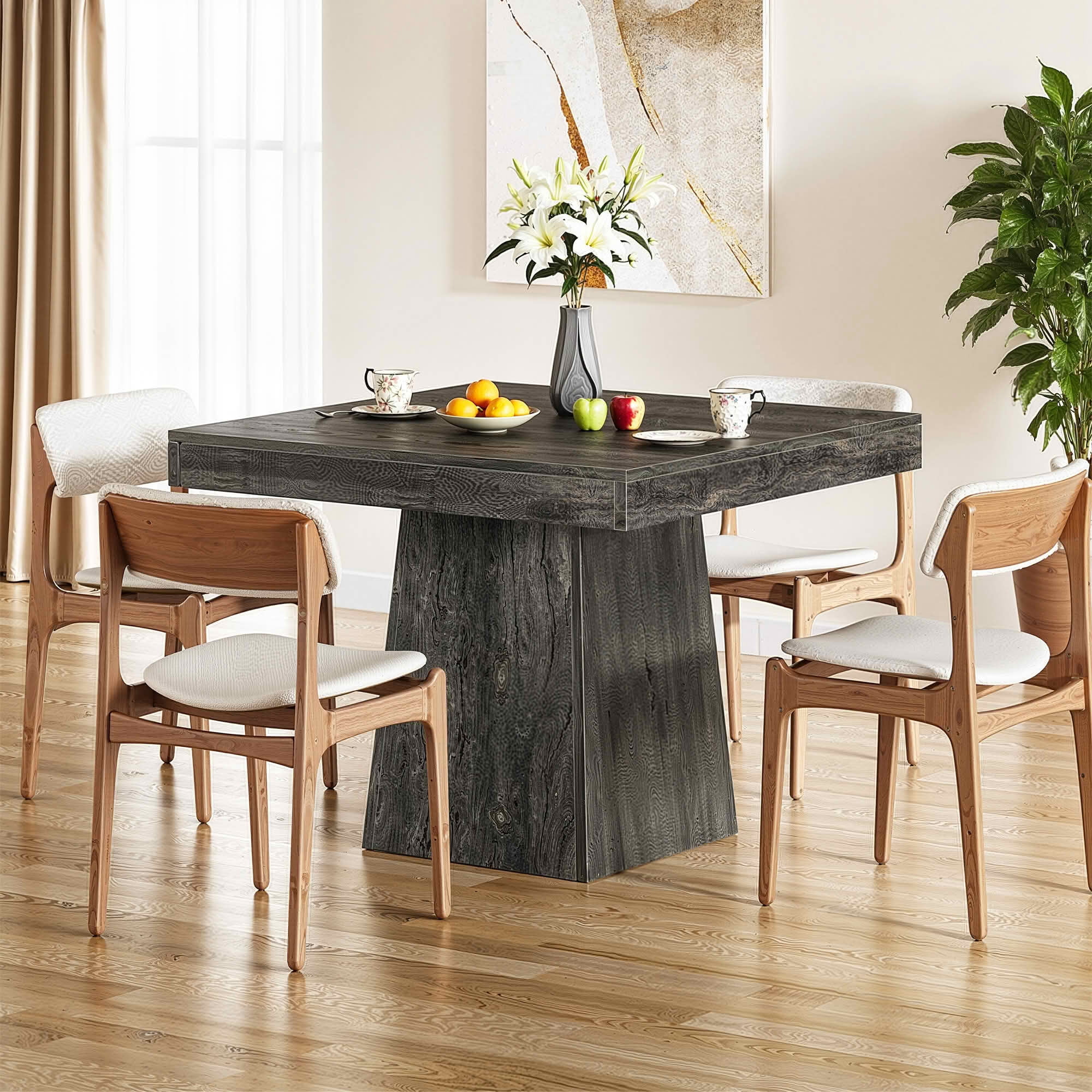 MAYEERTY 31.5 Inch Gray Farmhouse Square Dining Table, Thick Top Pedestal Table Seats 4 for Small Spaces