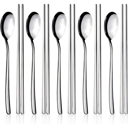 

Spoon and Chopsticks Set 5 Pair Stainless Steel Metal Chopsticks Spoon Set 5 Set Korean Chopsticks and Spoons Reusable Flat Long handle Chopstick Spoon Set for Home Kitchen or Restaurant