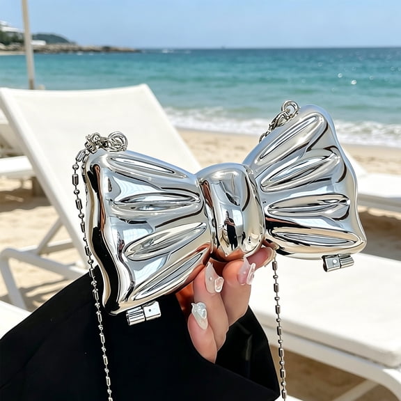 Women's Silver Patent Bow Mini Bag – Glossy Faux Leather Shoulder Purse with Detachable Strap, Small Evening Clutch for Party Wedding Dinner
