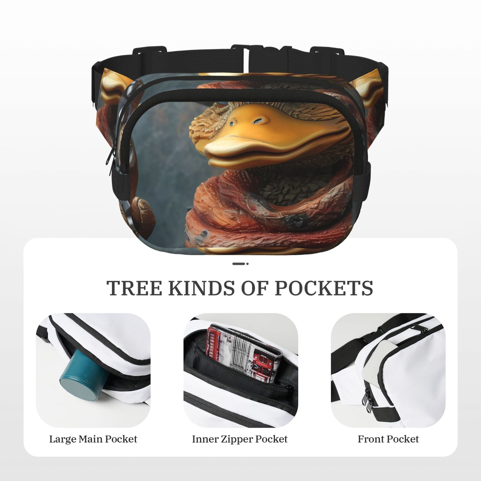 Picia Western Cowboy Duck Print Square Double-Layer Waist Bag Mini Adjustable Waist Belt Bag Exercise Running Travel Hiking