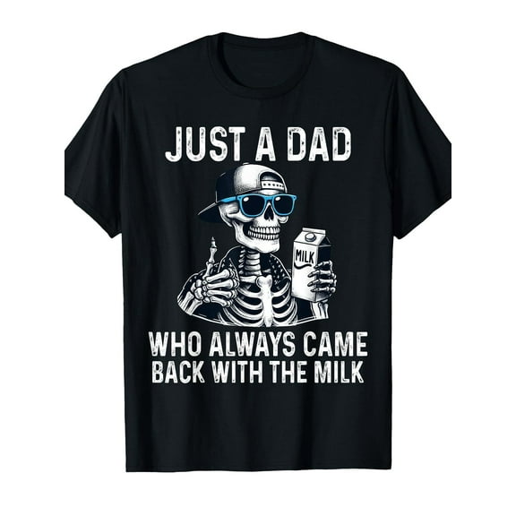 Men's Funny "Just A Dad Who Always Came Back with The Milk" Graphic T-Shirt - 100% Cotton Crew Neck Short Sleeve Tee with Skeleton & Beer Design, Casual Comfort Fit for Summer, Spring, Fall & Daily