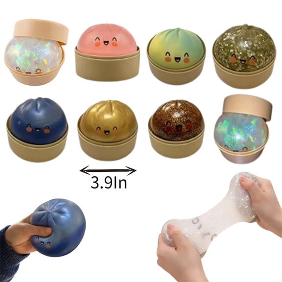 Glitter Dumpling Squishy Stress Ball Squeeze Toy Cute Kawaii Design Soft Slow Rising Fidget Toy for Anxiety Relief and Calming Sensory Play for Kids and Adults