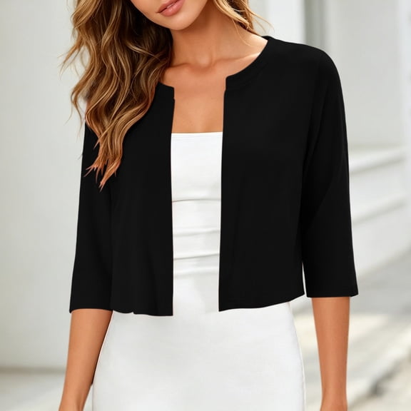 jobturf 3/4 Length Sleeve Crop Cardigan for Women Lightweight Thin Cardigans Casual Going Out Open Front Summer Tops S-2XL