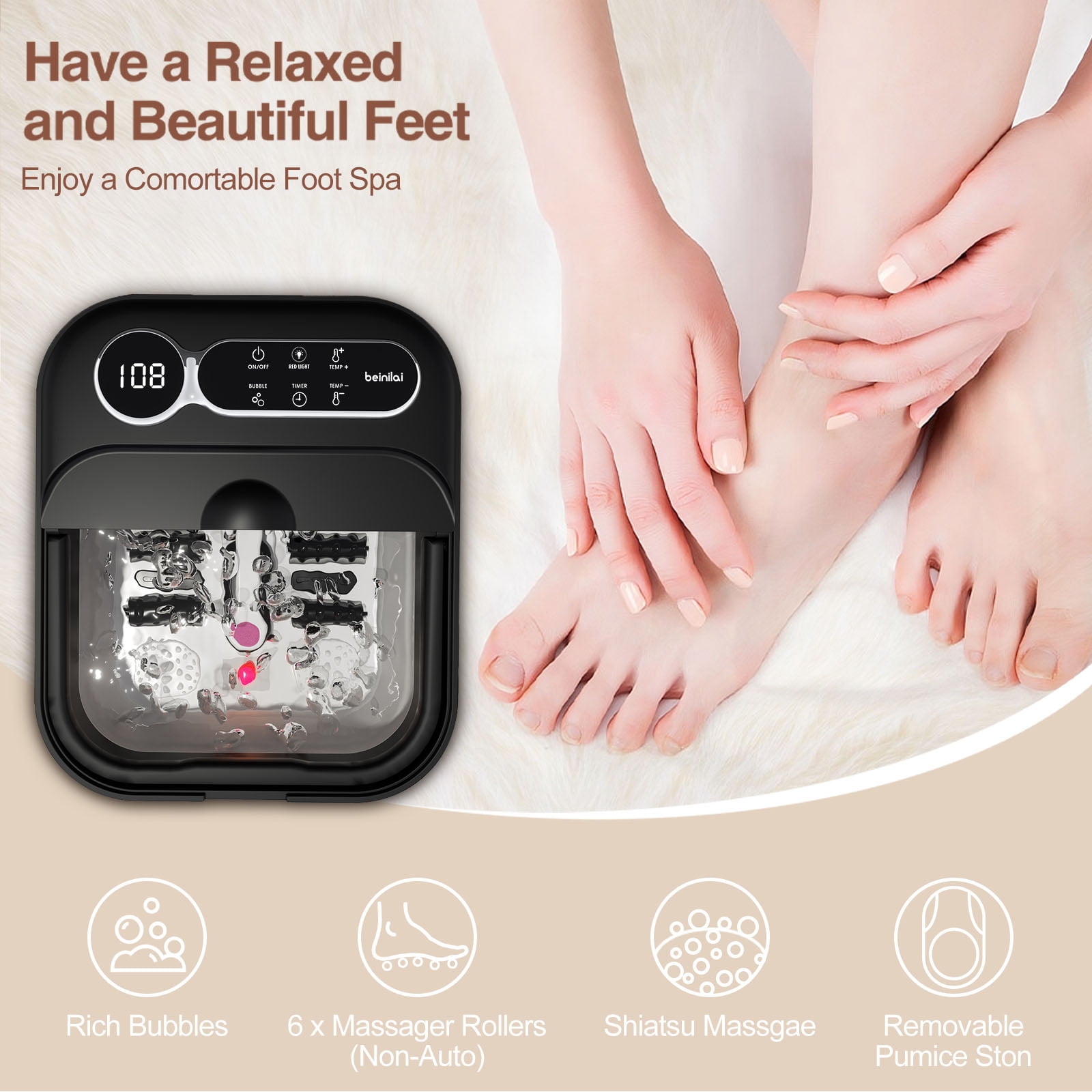 Beinilai Collapsible Foot Spa Bath Massage with Heat,Precise Temperature Control,6 Massage Roller,Bubble and Removable Pedicure Stone for Care Feet