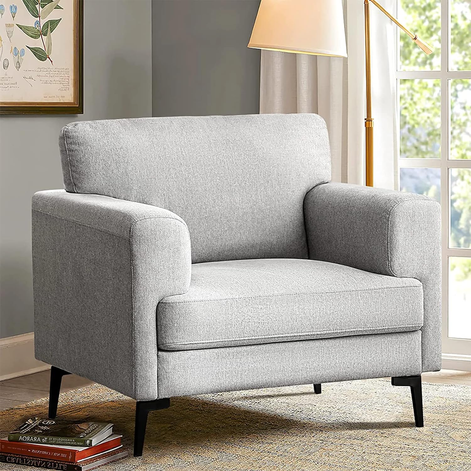 BIZFURN Accent Chair, Linen Fabric Oversized Mid Century Modern Chair Set of 1, Comfy Upholstered Armchair Reading Accent Chairs Sofa Chairs for Bedroom Living Room, Light Gray
