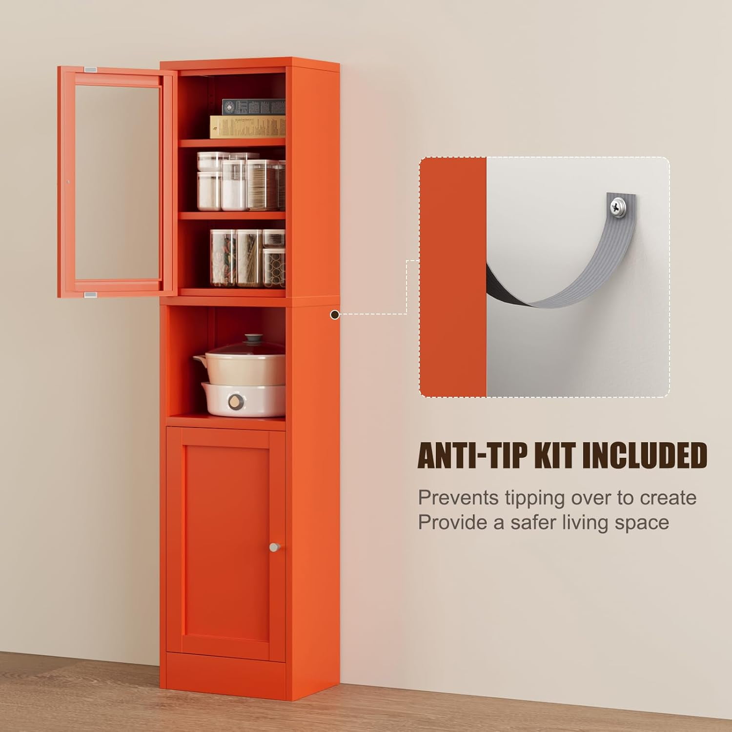 Tall Bathroom Storage Cabinet,Slim Metal Locker with Glass Doors,Freestanding Display Cabinet for Storage, Tall Narrow Cabinets for Pantry, Living Room,Entryway