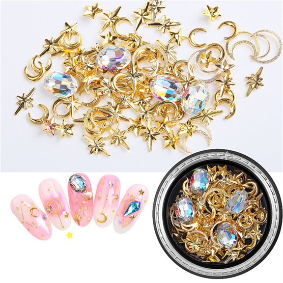 ERTUTUYI 3D Nail Metal Rivets Studs Charms Decoration Gold Nail Decals Punk Star Moon Jewelry Studs Nail Design Supplies Fingernails & Toenails Tips Manicure Accessories For Women