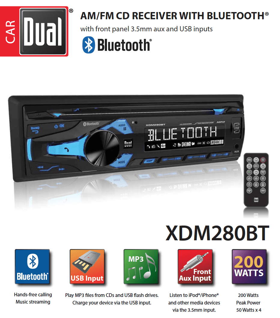 Blue 2.07x2.37x5.18 inches Dual Electronics XDM280BT Single-DIN in-Dash CD Receiver with Bluetooth 