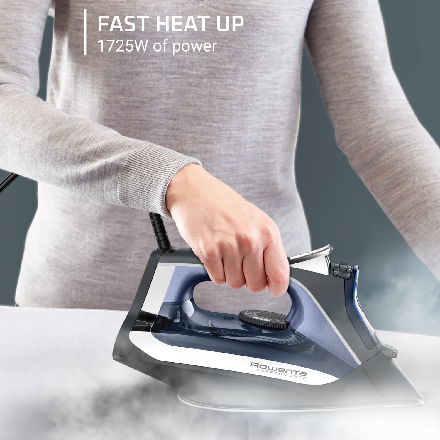 Rowenta Performance Steam Iron for Clothes, Powerful 1725W, Patented Stainless Steel Soleplate,Verticle Steaming, Black & Blue, DW2350U3