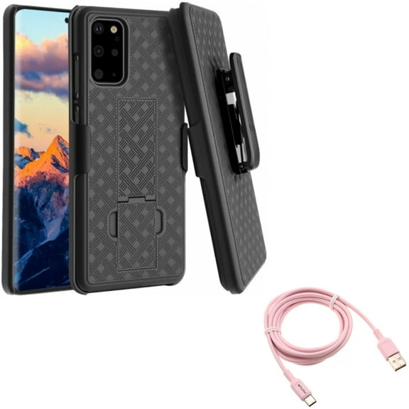 6ft USB-C Cable w Case Belt Clip for Samsung Galaxy S20 Plus - Pink Charger Cord Power Wire, Holster Swivel Cover Kickstand fits Samsung Galaxy S20 Plus