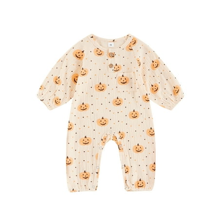 

Mioliknya Baby Halloween Jumpsuit Long Sleeve Button Front Pumpkin Print Romper