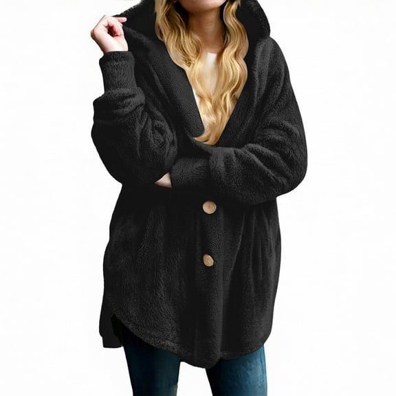 Women's Plus Size Plush Coats Solid Color Pocket Button Hooded Casual Loose Cardigan Wool Winter Plush Jacket