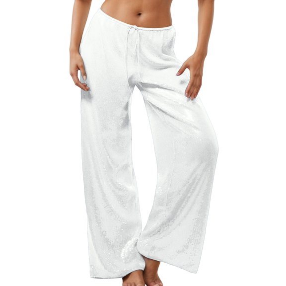 LWavelet Sequin Fabric Wide Leg Pants Women Party Festive Wear White M