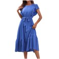 thumbnail image 2 of Wycnly Summer Dresses for Women Dresses for Women Beach Boho Loose Flowy Ruffle Swing A Line Dress with Belt Ladies Elegant Solid Crewneck Short Sleeve Midi Dress, 2 of 7