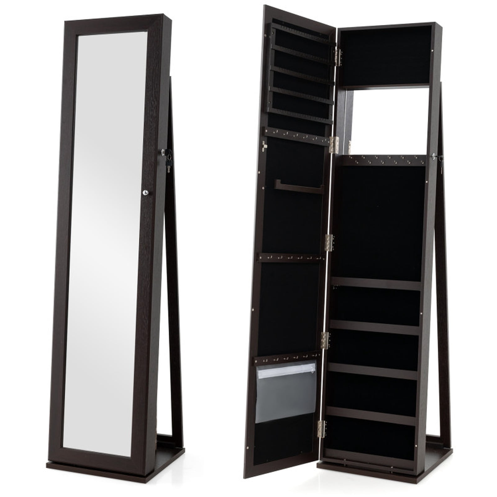 Furnibear Standing Lockable Jewelry Storage Organizer with Full-Length Mirror for Bedroom Dressing Room Jewelry Necklace Rings Storage Mirror, Coffee