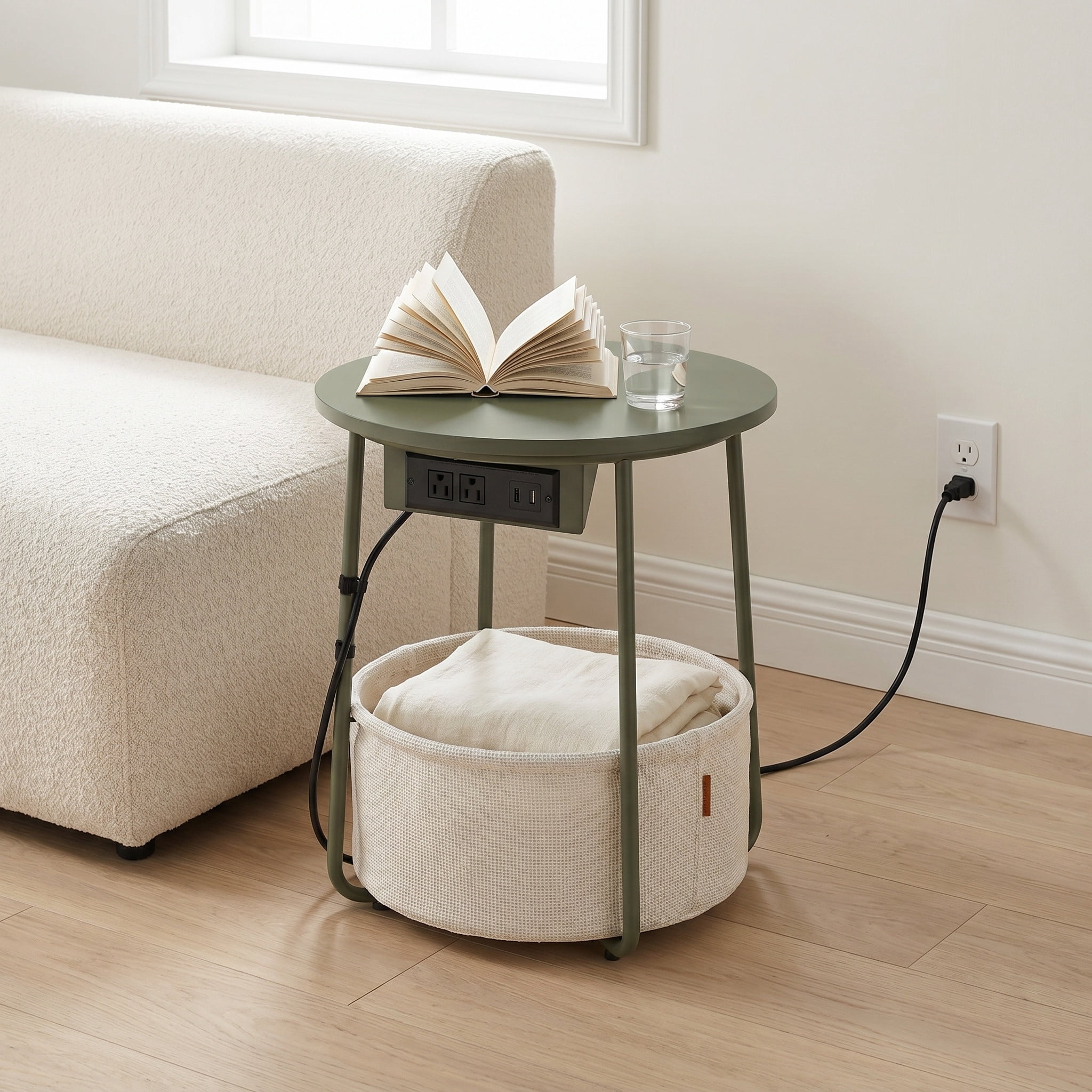 Nordic Hygge 17.7 in. Round Side Table with Charging Station and Storage Basket, Forest Green/Cream White