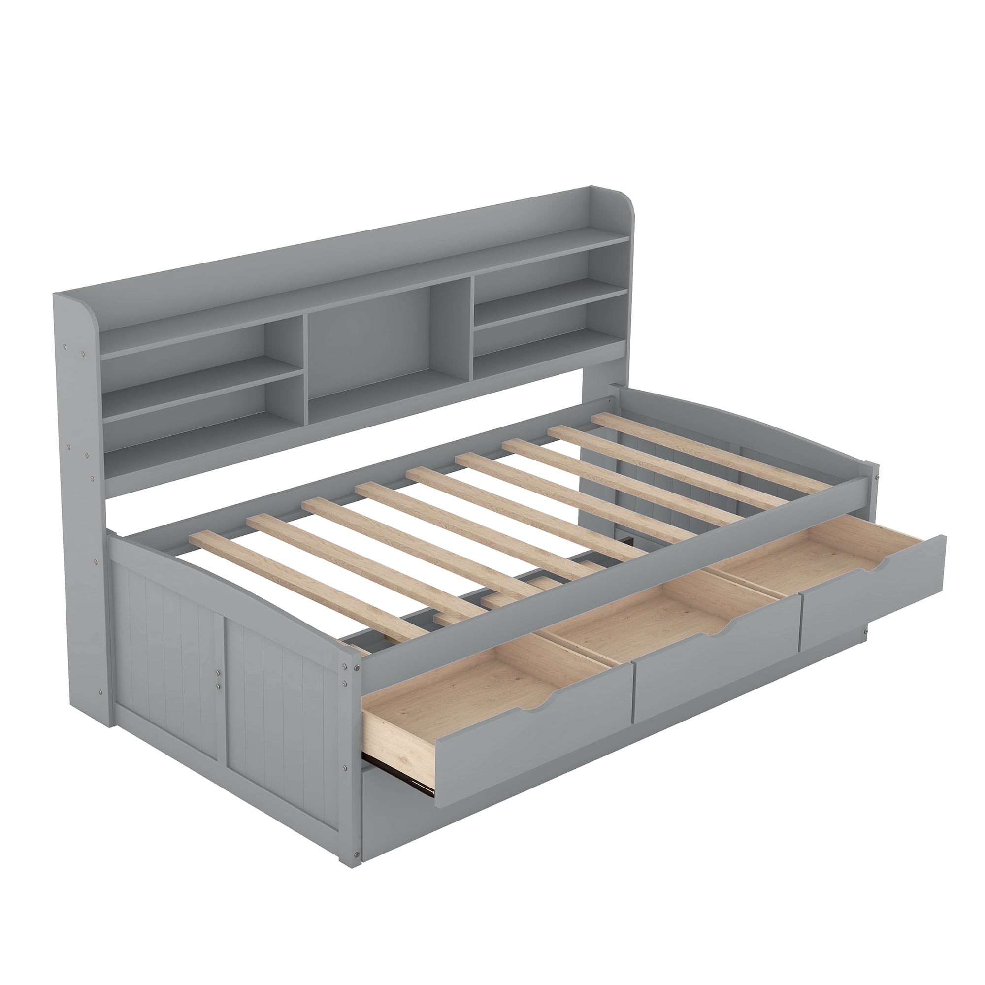 EUROCO Twin Size Captain Bed Daybed with Trundle and Bookcase 3 Drawers and Shelf Platform Bed Gray Walmart
