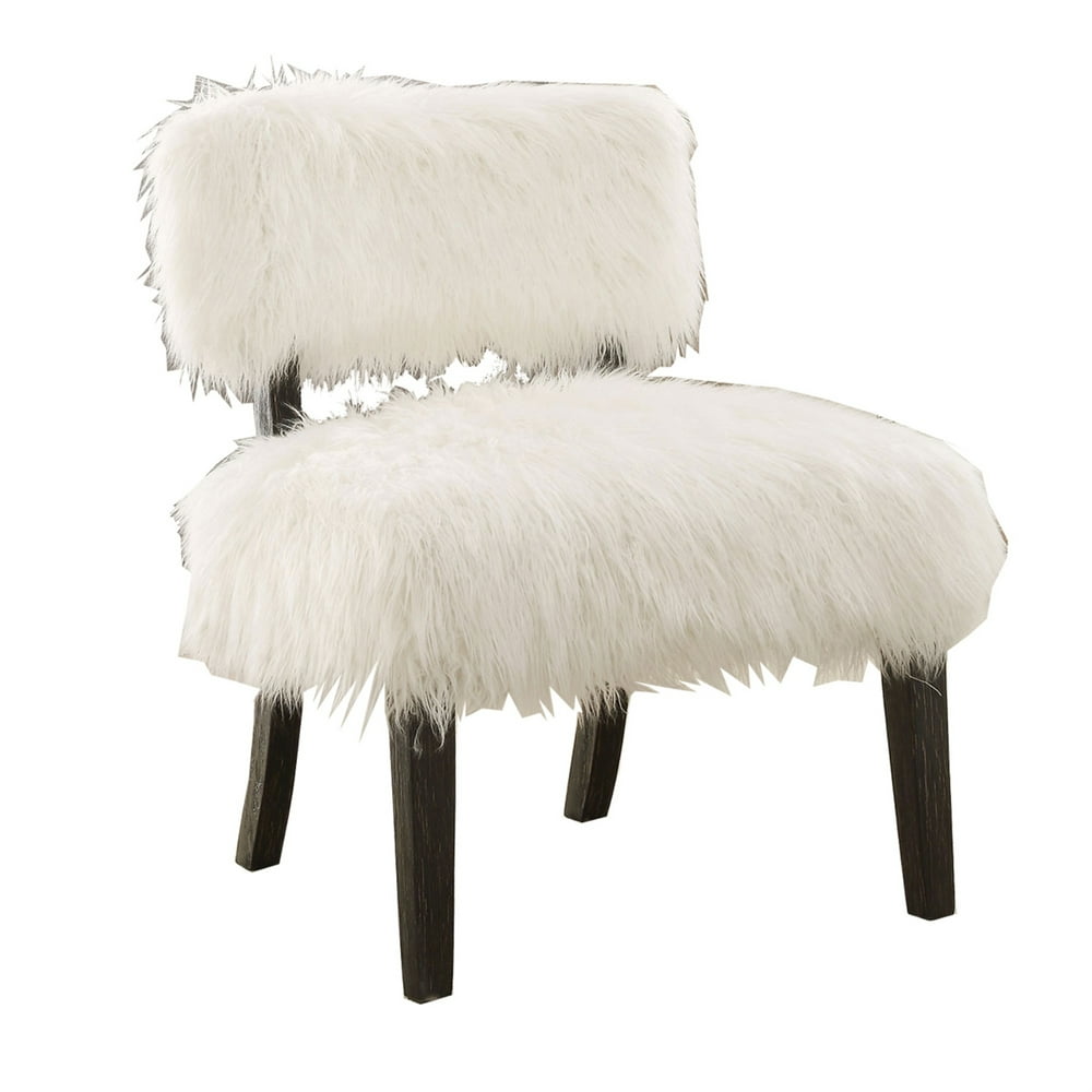 Faux Fur Upholstered Contemporary Wooden Accent Chair, White and Black