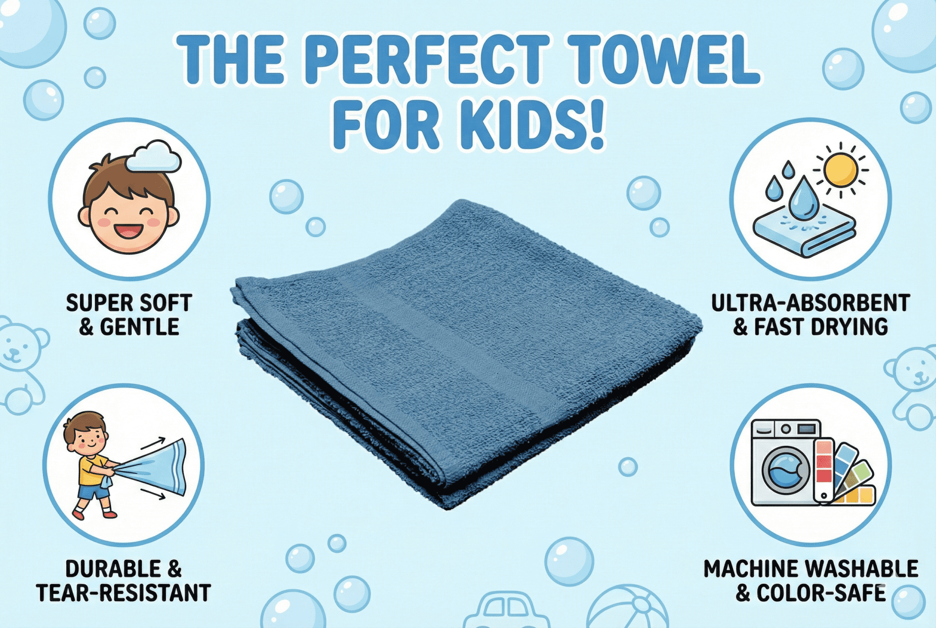 6 Pack 22 x 44 Petite Towels – Thin, Lightweight, 100% Cotton, Solid Blue | Ideal for Gyms, Kids, Spas, Pools, Beaches & Summer Camps