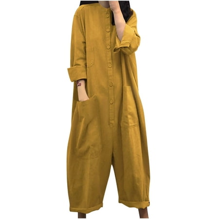 

Dyegold Jumpsuits for Women Casual Woman Jumpsuit Loose Casual Harem Long Trousers Button Down Solid Color Round Neck Sleeveless Rompers Overalls 2023