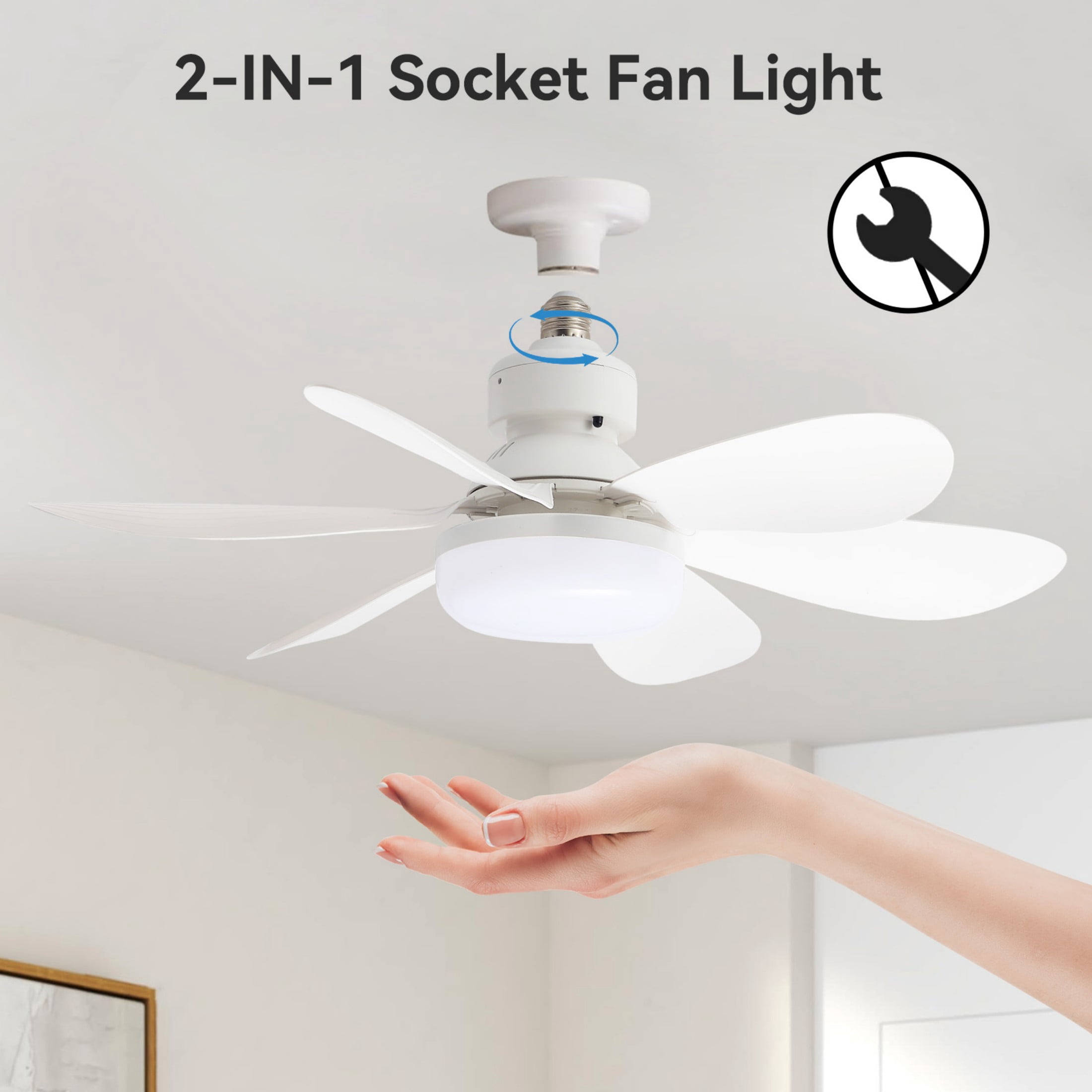 Sofucor Socket Fan Light with White, 20” Screw Ceiling Fans with Lights, E26 Base Small Ceiling Fan, Dimmable Socket Fan Ceiling Fan with Light
